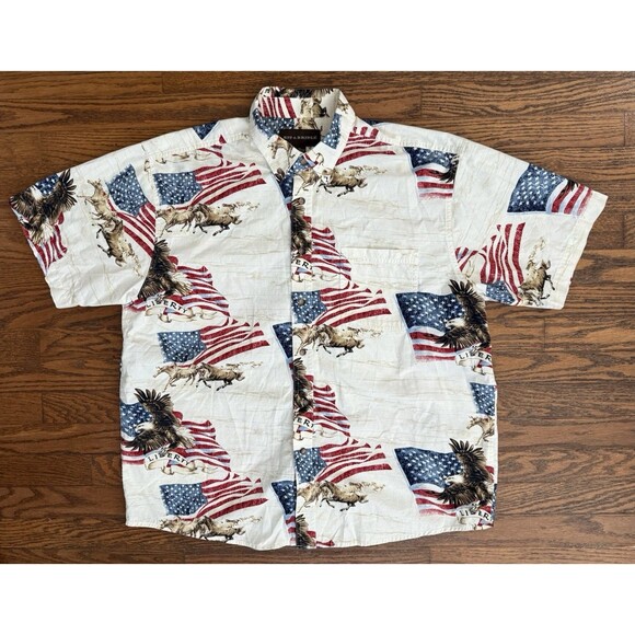Bit & Bridle Shirt Mens XL American Flag Horses All Over Print Cowboy Rodeo USA - Picture 1 of 10